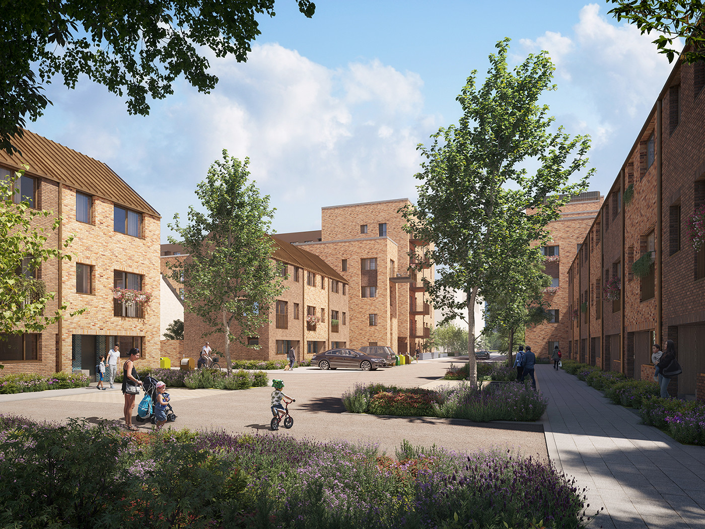 A CGI image of a pedestrianised street, with new build houses along it and several people, including a child riding a bike.